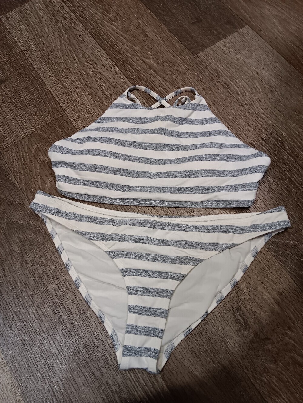 Body Glove White and Heather Gray Striped High-Neck Bikini